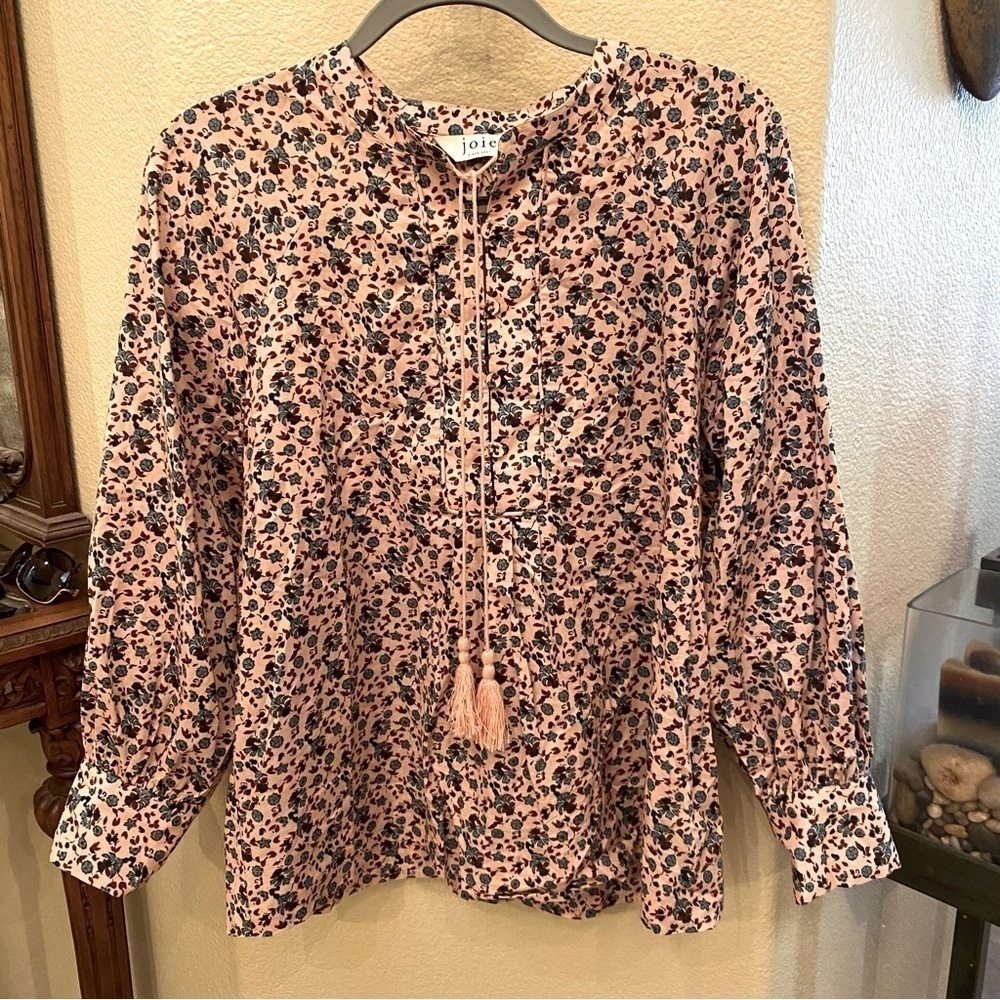 JOIE Women Pink Floral Tassel Boho Long Sleeve Top Size Large